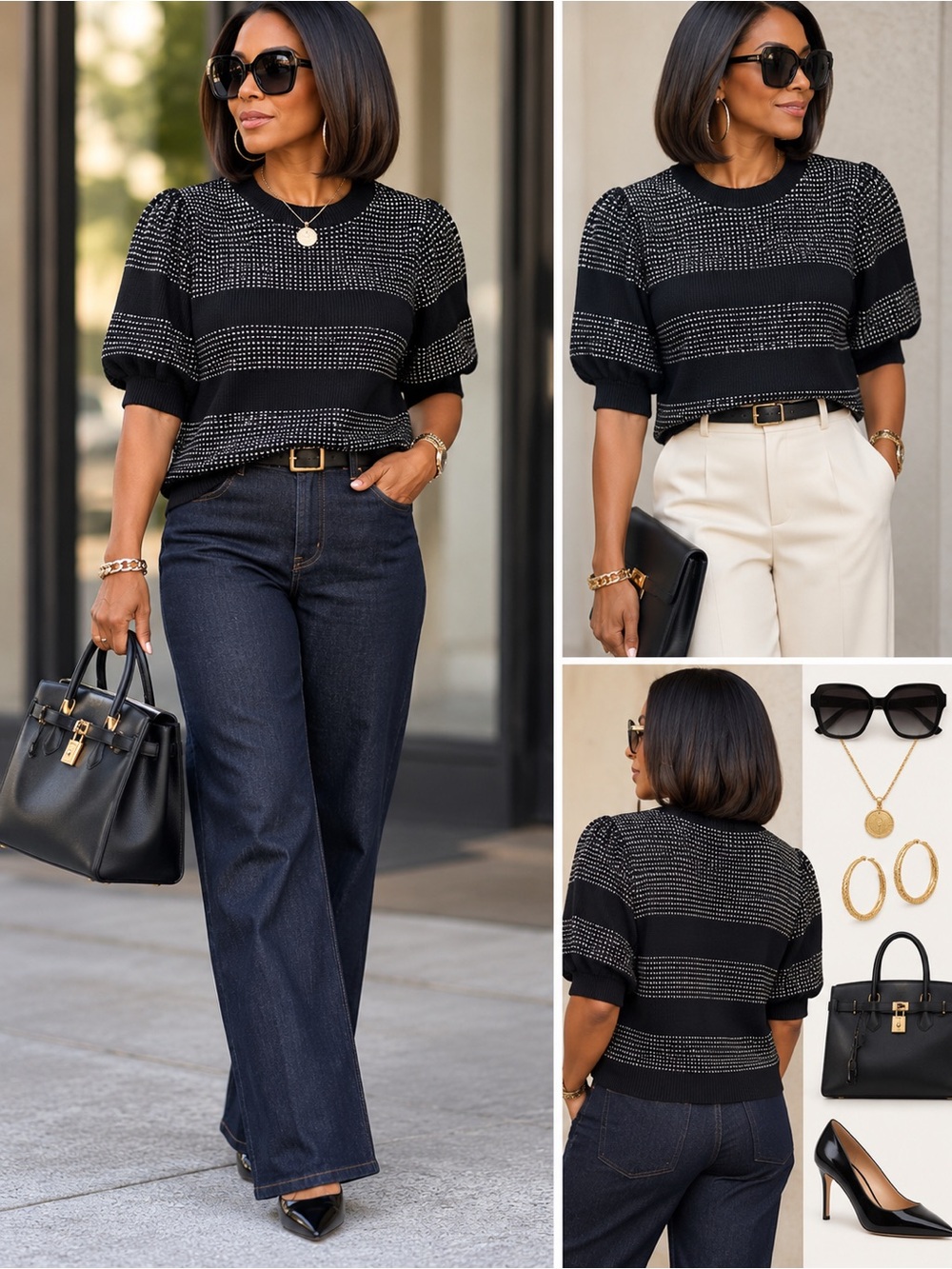 Amour Vert Black & White Patterned Short-Sleeve Knit Top